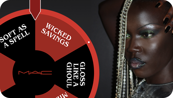 Spin to win wheel in black red and white on the left with a dark model glammed with halloween look on the right